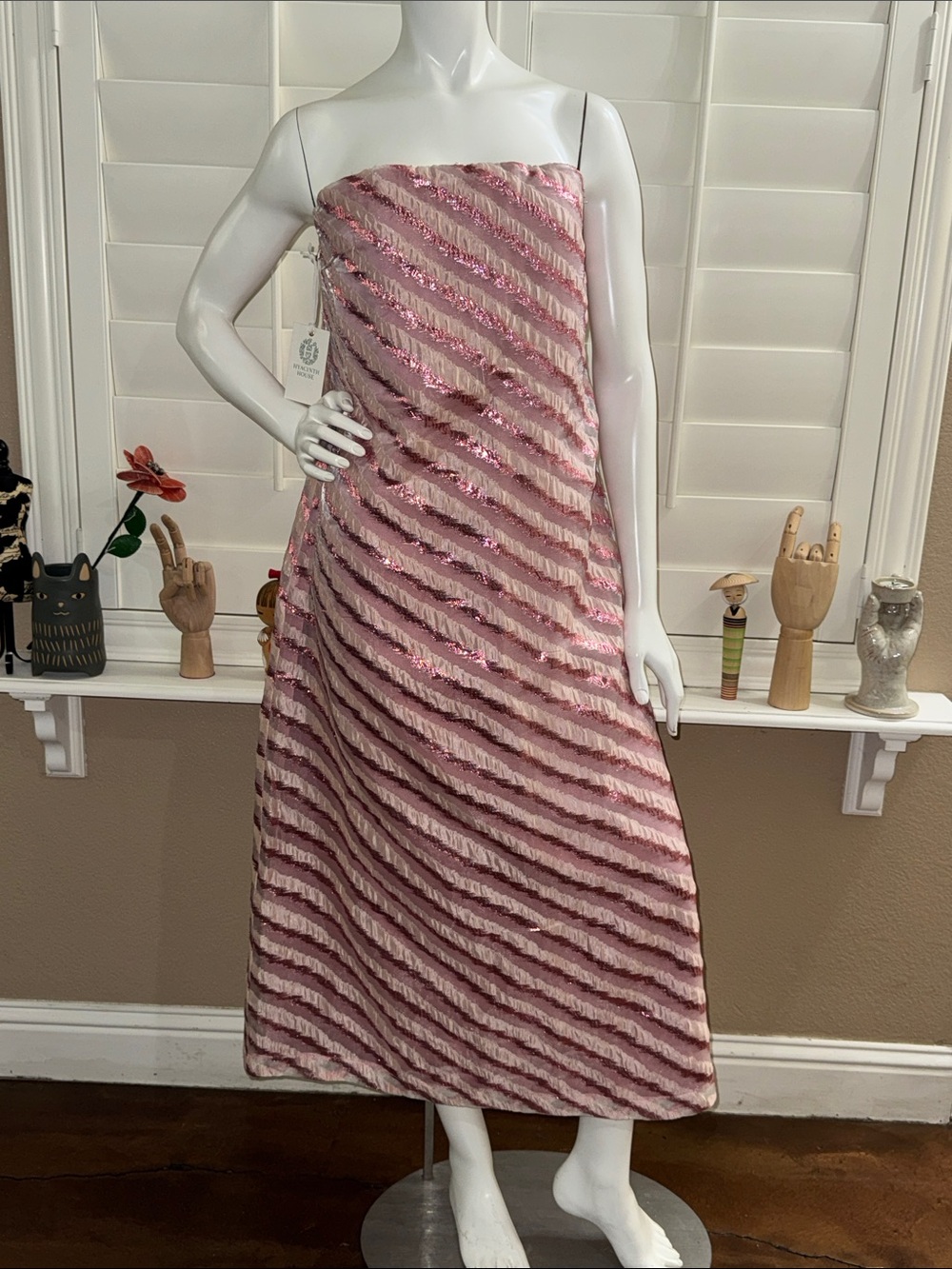 Hyacinth House Soft Pink Shimmer Stripes Mila Strapless Midi Dress